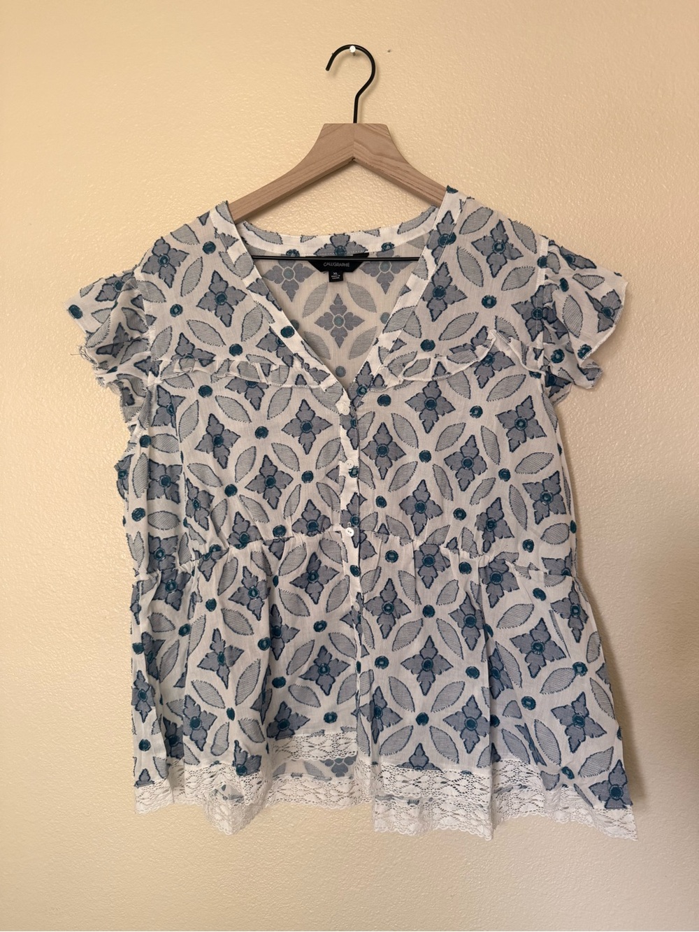 NWT Calligraphie Lightweight White Blouse with Blue Geometric Floral Print